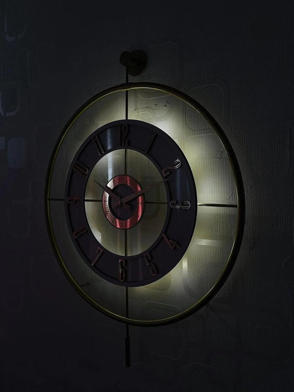 Large Decorative Wall Clock 60x80cm Metal Gold Frame Modern Design with Glass & Led Lights For Living Room, Hallway, Kitchen, Office,Bedroom