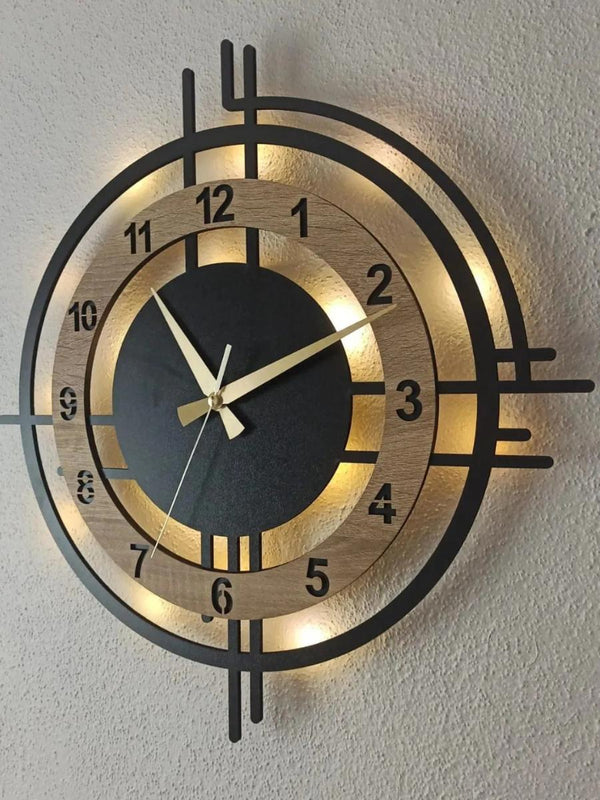 Decorative Wall Clock 48x48cm Metal Frame Modern Sonoma Design with MDF & Led Lights For Living Room, Hallway, Kitchen, Office,Bedroom