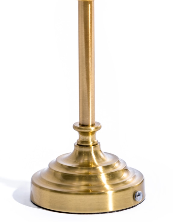 Classic Brass Rechargeable Table Lamp w/ Cylinder Oatmeal Shade