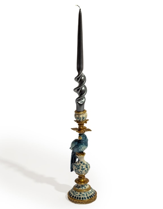 Antiqued Ornate Blue/White Parrot Candle Holder - LH