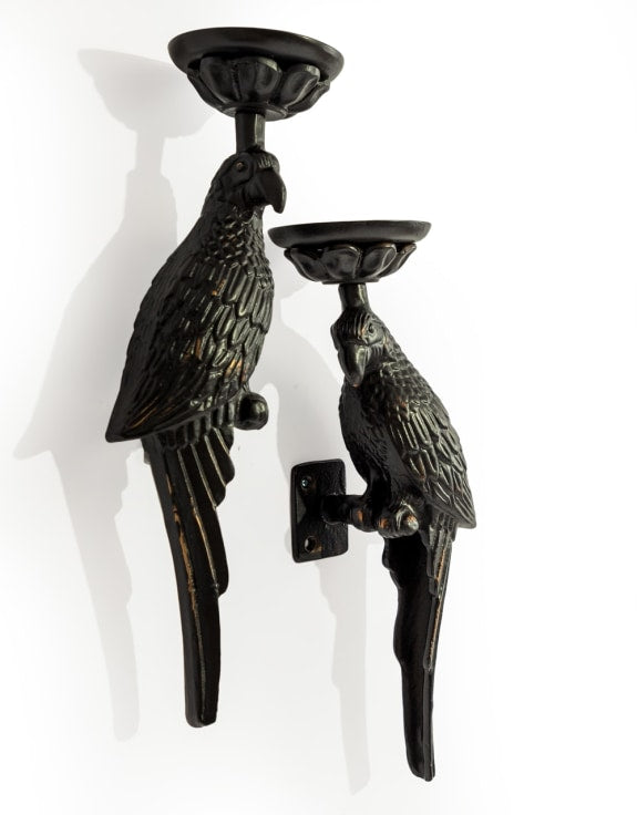 Pair of Large Distressed Black Metal Parrot Wall Sconces