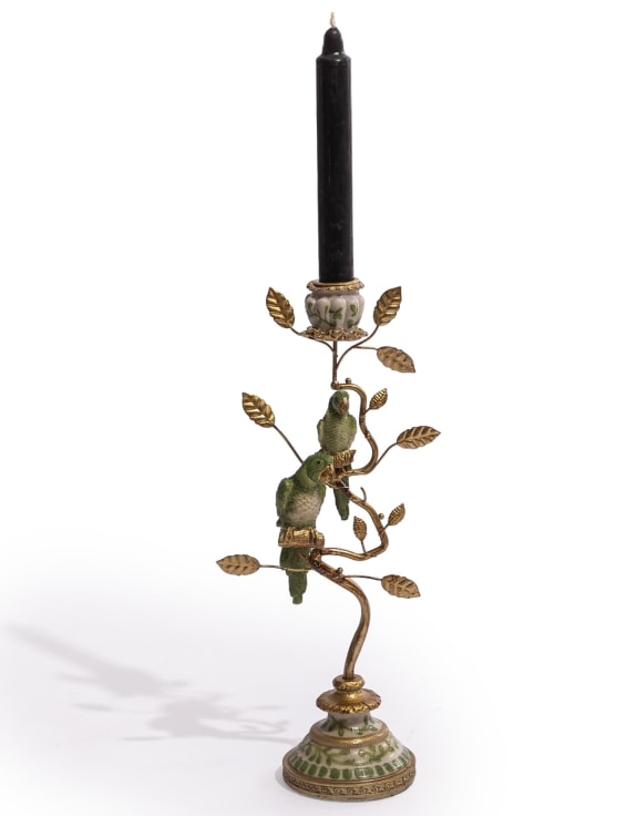 Antiqued Ornate Branch Green/Gold Parrot Candle Holder