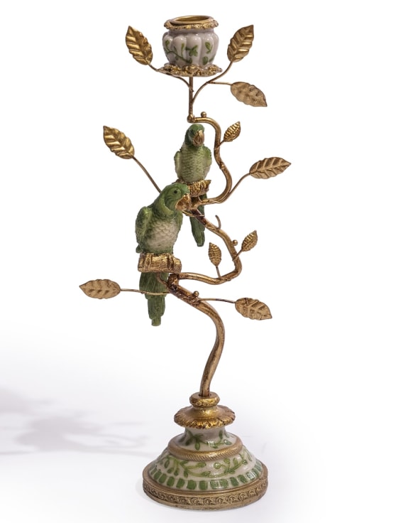 Antiqued Ornate Branch Green/Gold Parrot Candle Holder