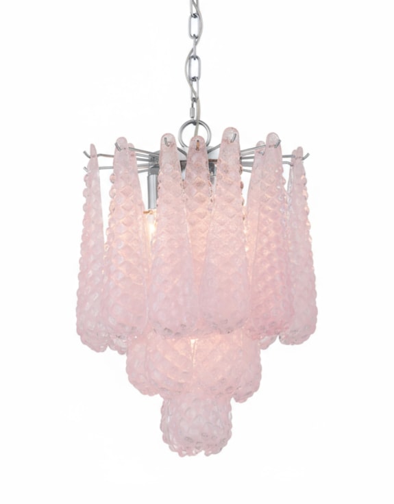 Chrome w/ Pink Bubbled Glass "Gicel" Chandelier