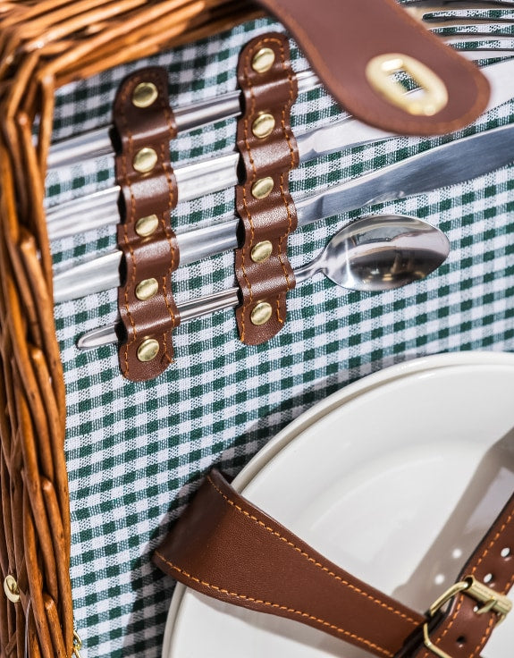 Luxury Gingham 4-Person Picnic Hamper w/ Leather Handles & Accessories
