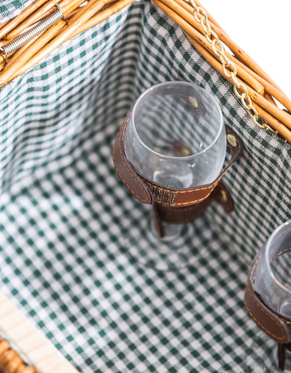 Luxury Gingham 2-Person Picnic Hamper w/ Leather Handles & Accessories