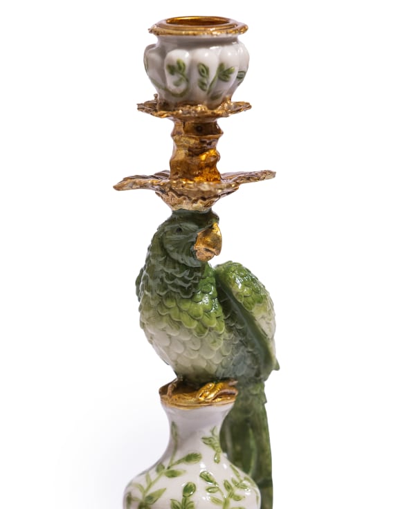 Antiqued Ornate Green/White Parrot Candle Holder - RH