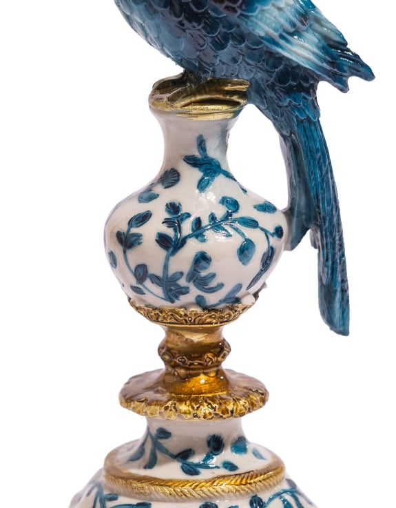 Antiqued Ornate Blue/White Parrot Candle Holder - RH