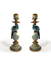 Pair of Antiqued Ornate Blue/White Parrot Candle Holder