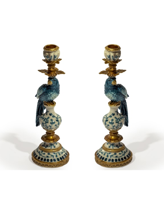 Pair of Antiqued Ornate Blue/White Parrot Candle Holder