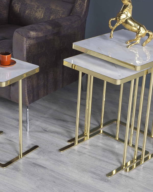 Reina Square Nest of Tables Set of 3 | High Gloss Membrane MDF Top & Gold Titanium Frame