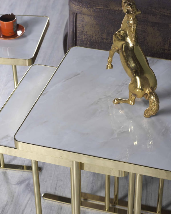 Reina Square Nest of Tables Set of 3 | High Gloss Membrane MDF Top & Gold Titanium Frame
