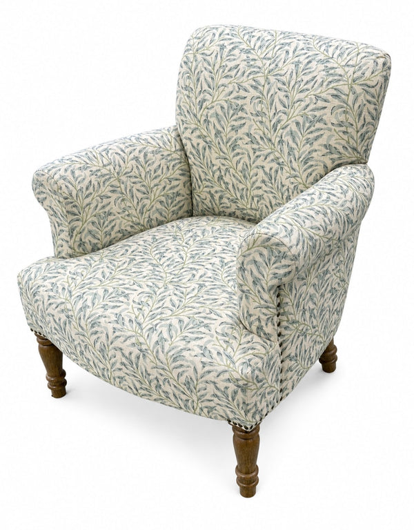 Blue William Morris Willow Boughs patterned occasional armchair with solid mango wood frame and legs - Sohowells
