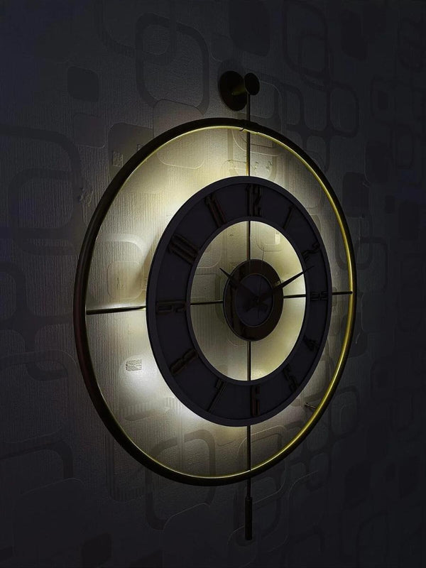 Large Decorative Wall Clock 60x80cm Metal Gold Frame Modern Design with Glass & Led Lights For Living Room, Hallway, Kitchen, Office,Bedroom