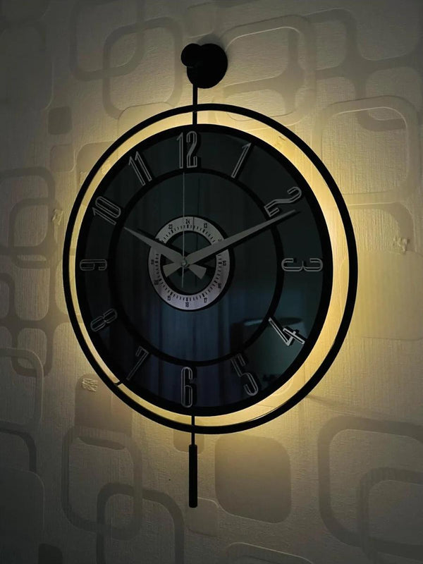 Decorative Wall Clock 40x60cm Metal Black Frame Modern Large Design with Glass & Led Lights For Living Room, Hallway, Kitchen, Office,Bedroom