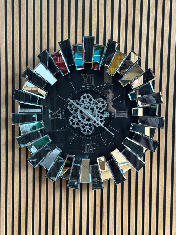 Piano Moving Gears Decorative Wall Clock Oversize Extra Large 32` Inch/80 cm Real Mirror & Glass Chrome