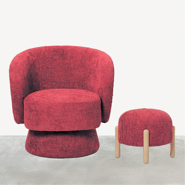 Detail of red woven chenille upholstery on rounded swivel chair - Sohowells