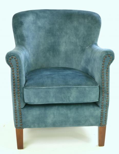 Teal velvet armchair detail showing rolled arm and contrast studding - Sohowells