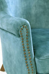 Vintage teal velvet occasional armchair shown from an alternative angle - Sohowells