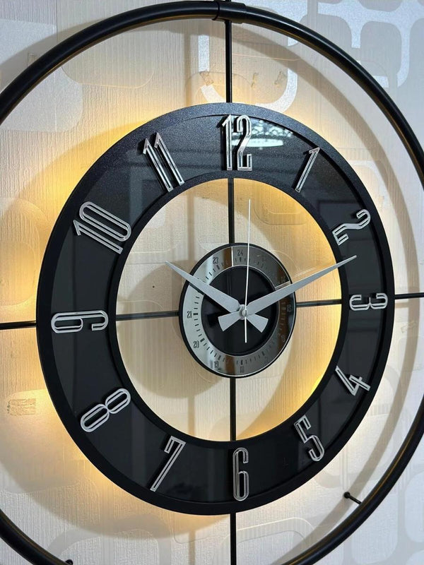 Large Decorative Wall Clock 60x80cm Metal Frame Modern Design with Glass & Led Lights For Living Room, Hallway, Kitchen, Office,Bedroom