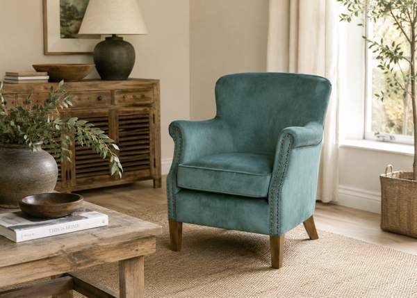 Cromarty armchair in mottled vintage teal velvet with rolled arms and contrast stud detailing - Sohowells