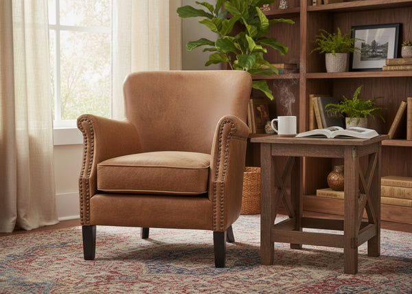 Cromarty armchair in vegan vintage leather with rolled arms and contrast stud detailing - Sohowells