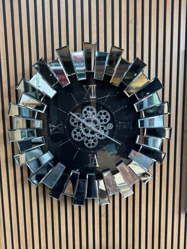Piano Moving Gears Decorative Wall Clock Oversize Extra Large 32` Inch/80 cm Real Mirror & Glass Chrome