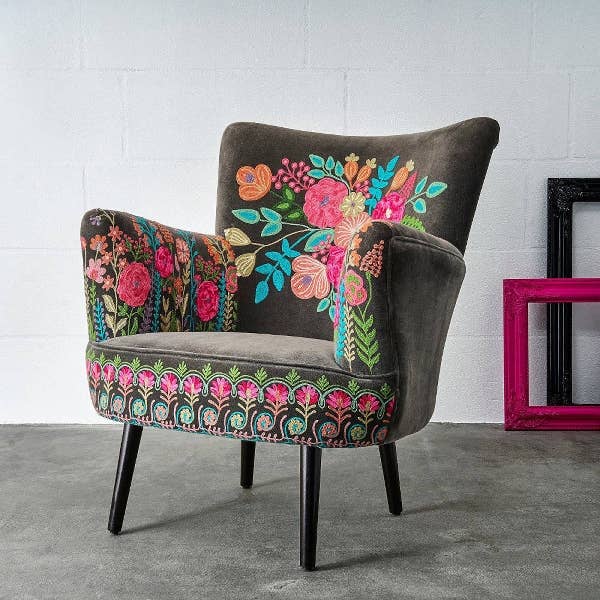 Charcoal grey embroidered velvet armchair shown from an alternative angle - Sohowells