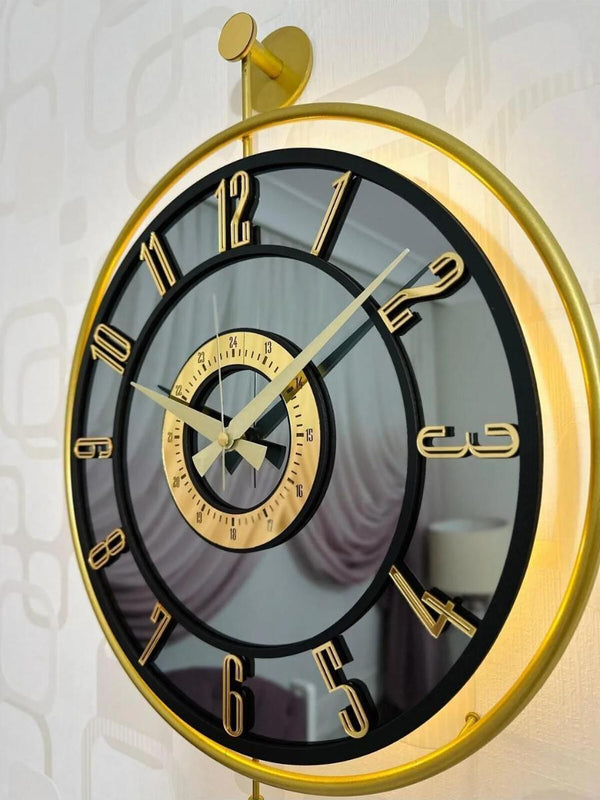 Decorative Wall Clock 40x60cm Metal Gold Frame Modern Large Design with BlackGlass & Led Lights For Living Room, Hallway, Kitchen, Office,Bedroom