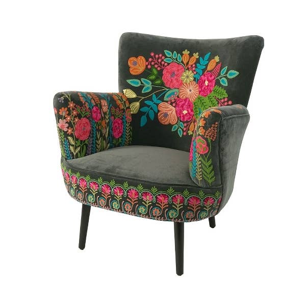 Lotte hand-embroidered armchair in charcoal grey velvet with multicoloured floral embroidery - Sohowells