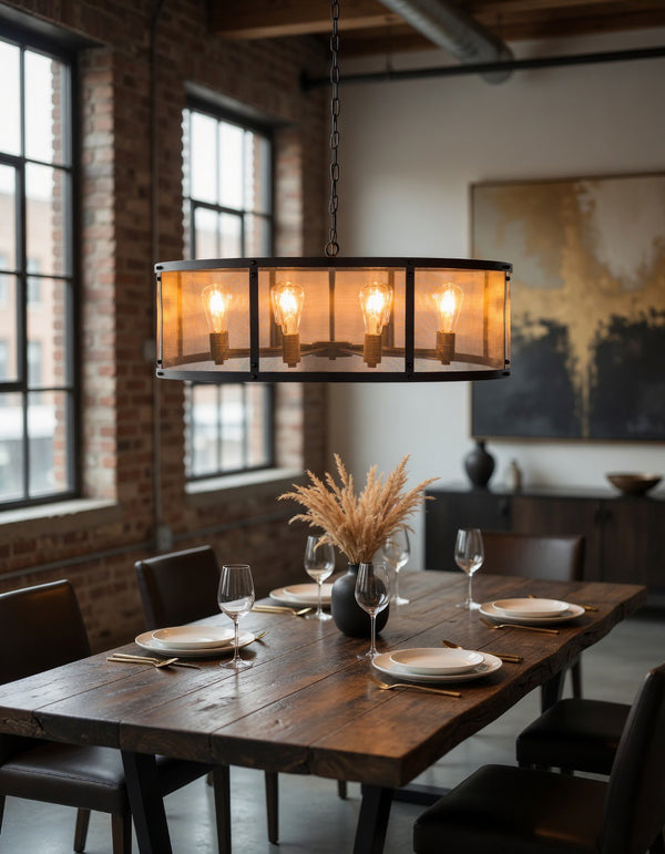 Large Round Black Iron Industrial Chandelier — Statement Loft Ceiling Light