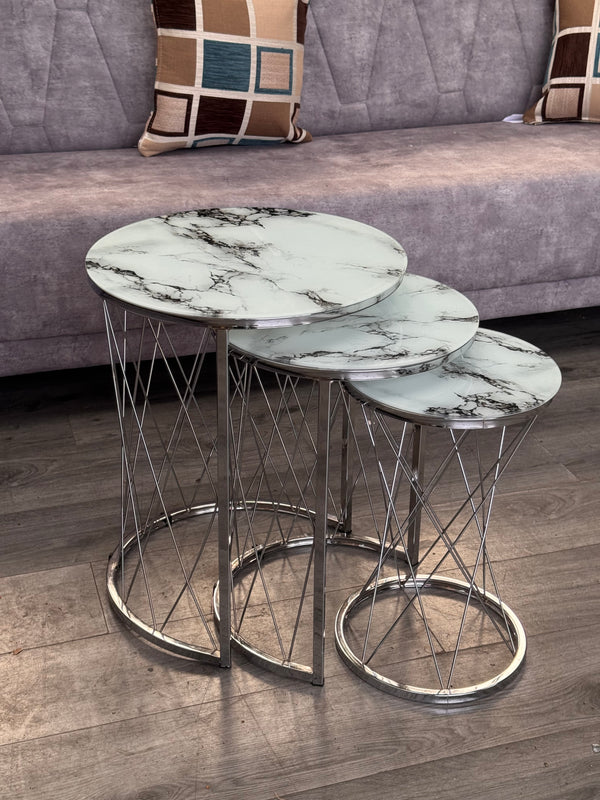 Brooklyn Round Nest Of Tables Set - 3 Pieces Nesting Table Tempered Glass Top