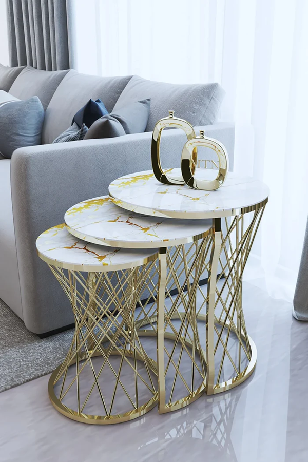Venice Round Nest Of Tables Set - 3 Pieces Nesting Table Tempered Glass Top
