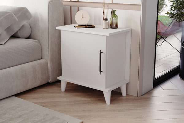 Adela matt white bedside cabinet with two open shelves and cupboard - Sohowells