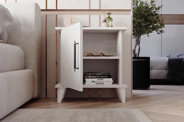 Angled view of Adela matt white bedside cabinet showing shelving - Sohowells