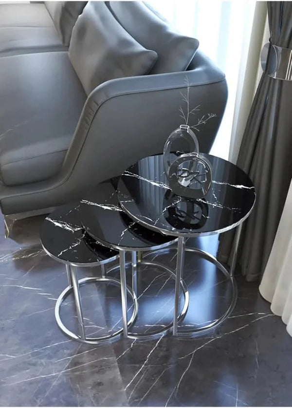 Amalfi Round Nest Of Tables Set - 3 Pieces Nesting Table Tempered Glass Top