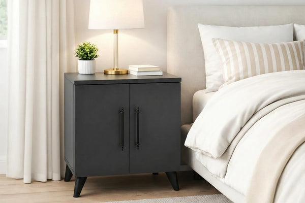 Angled view of Lumen anthracite bedside cabinet showing raised legs - Sohowells