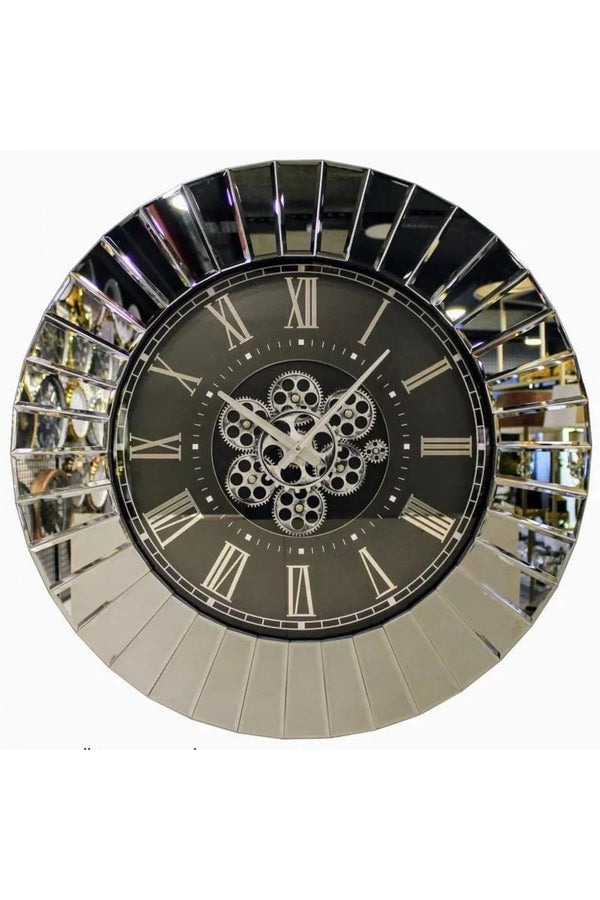 Daisy Moving Gears Decorative Wall Clock Oversize Extra Large 32` Inch/80 cm Real Mirror & Glass Chrome