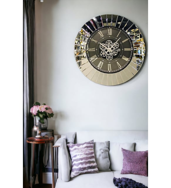 Daisy Moving Gears Decorative Wall Clock Oversize Extra Large 32` Inch/80 cm Real Mirror & Glass Chrome