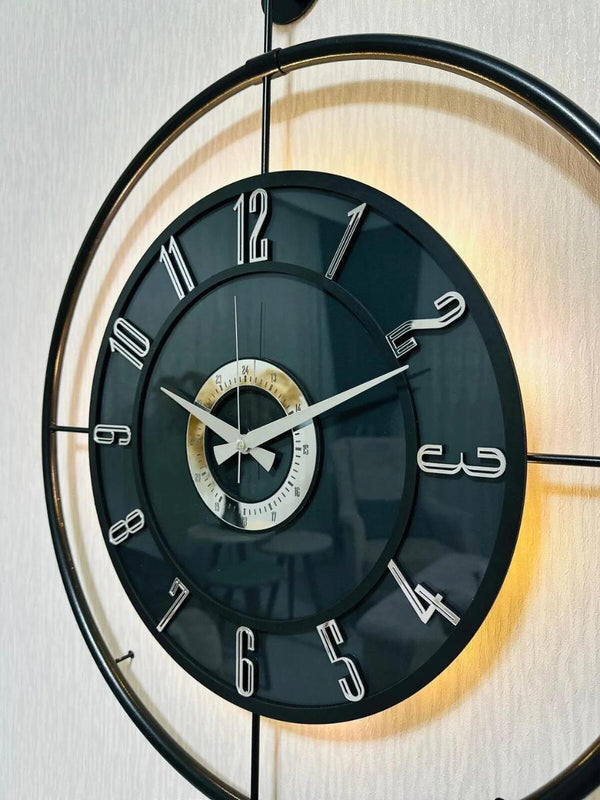 Large Decorative Wall Clock 60x80cm Metal Black Frame Modern Design with Glass & Led Lights For Living Room, Hallway, Kitchen, Office,Bedroom