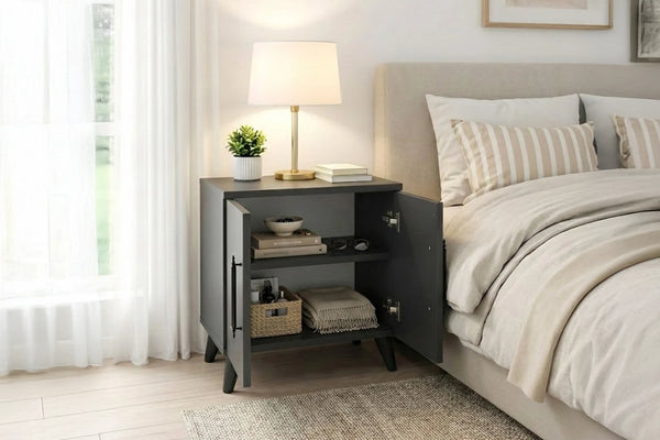 Lumen anthracite bedside cabinet shown in a bedroom setting - Sohowells