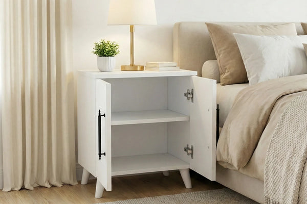 Lumen matt white two door bedside cabinet with internal shelf - Sohowells
