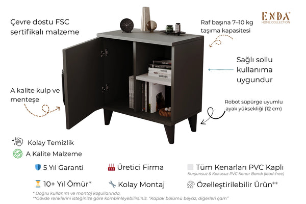 Angled view of anthracite bedside cabinet showing raised legs and metal handle - Sohowells
