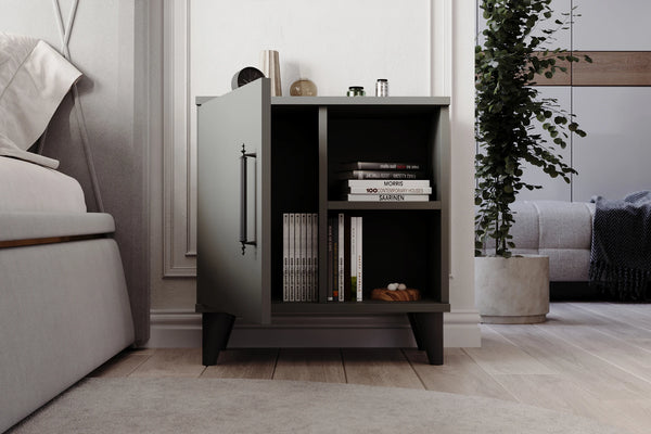 Close up detail of metal handle and anthracite finish on bedside cabinet - Sohowells