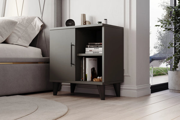 Anthracite three compartment bedside cabinet shown in a bedroom setting - Sohowells