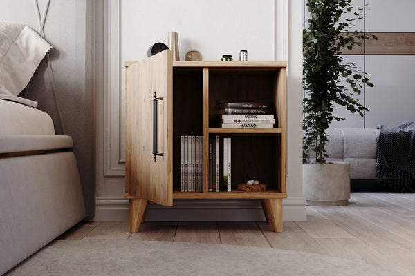 Additional view of light pine bedside cabinet with open shelving - Sohowells
