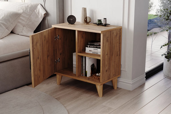 Light pine three compartment bedside cabinet shown in a bedroom setting - Sohowells