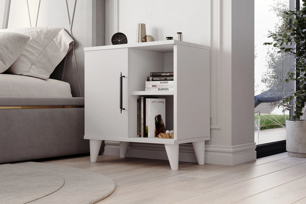 Close up detail of metal handle and white finish on bedside cabinet - Sohowells