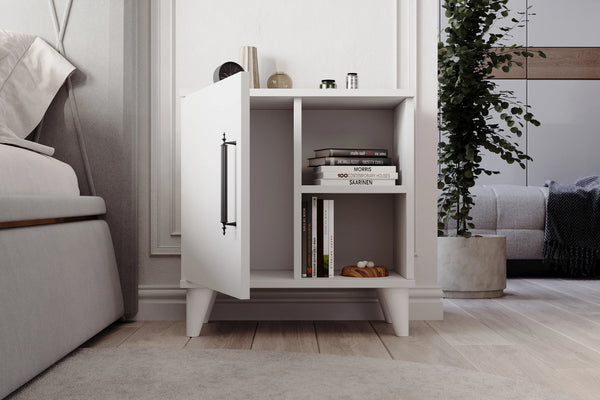 Additional view of white bedside cabinet with open shelving - Sohowells