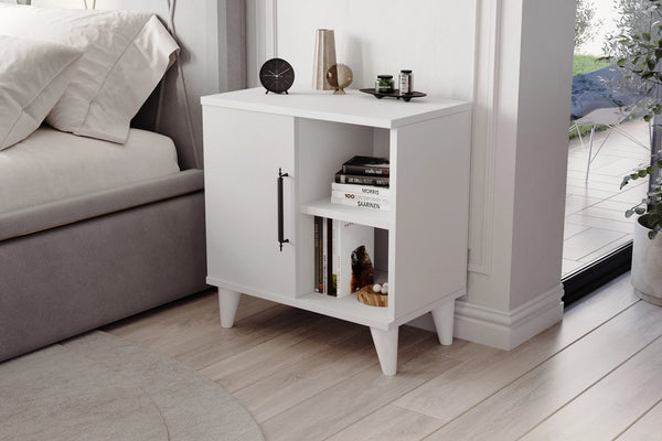 White three compartment bedside cabinet with door and open shelves - Sohowells
